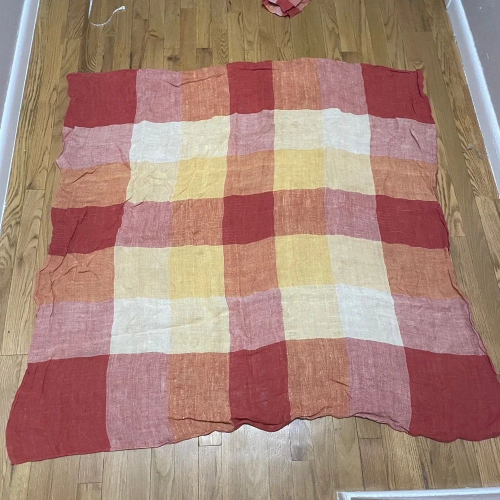 VTG Red Orange Linen Buffalo Check Tablecloth and 6 Napkins Set Farmhouse 48x48